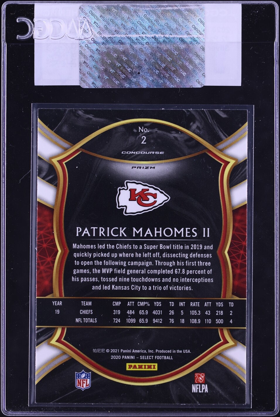2020 Select Concourse Silver Prizm Patrick Mahomes II #2 CGC AUTH
