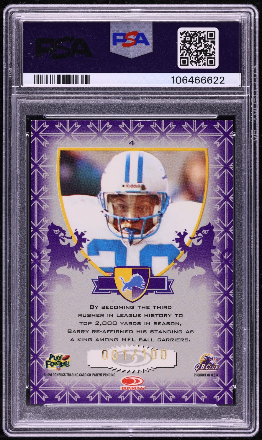 1998 Leaf Rookies & Stars Crusade Purple Barry Sanders /100 #4 PSA 9 MINT