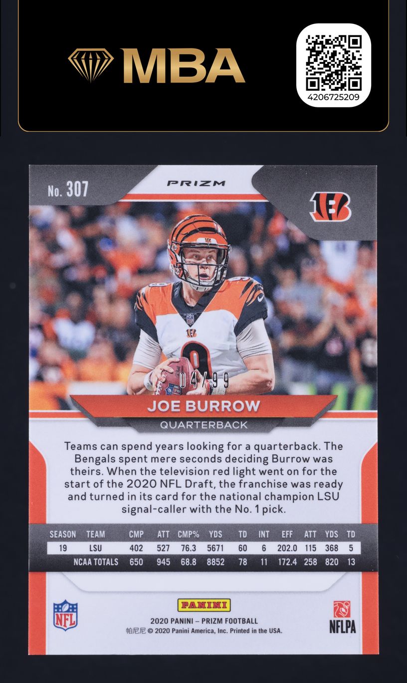 2020 Panini Prizm Blue Ice Joe Burrow ROOKIE /99 #307 MBA AUTH