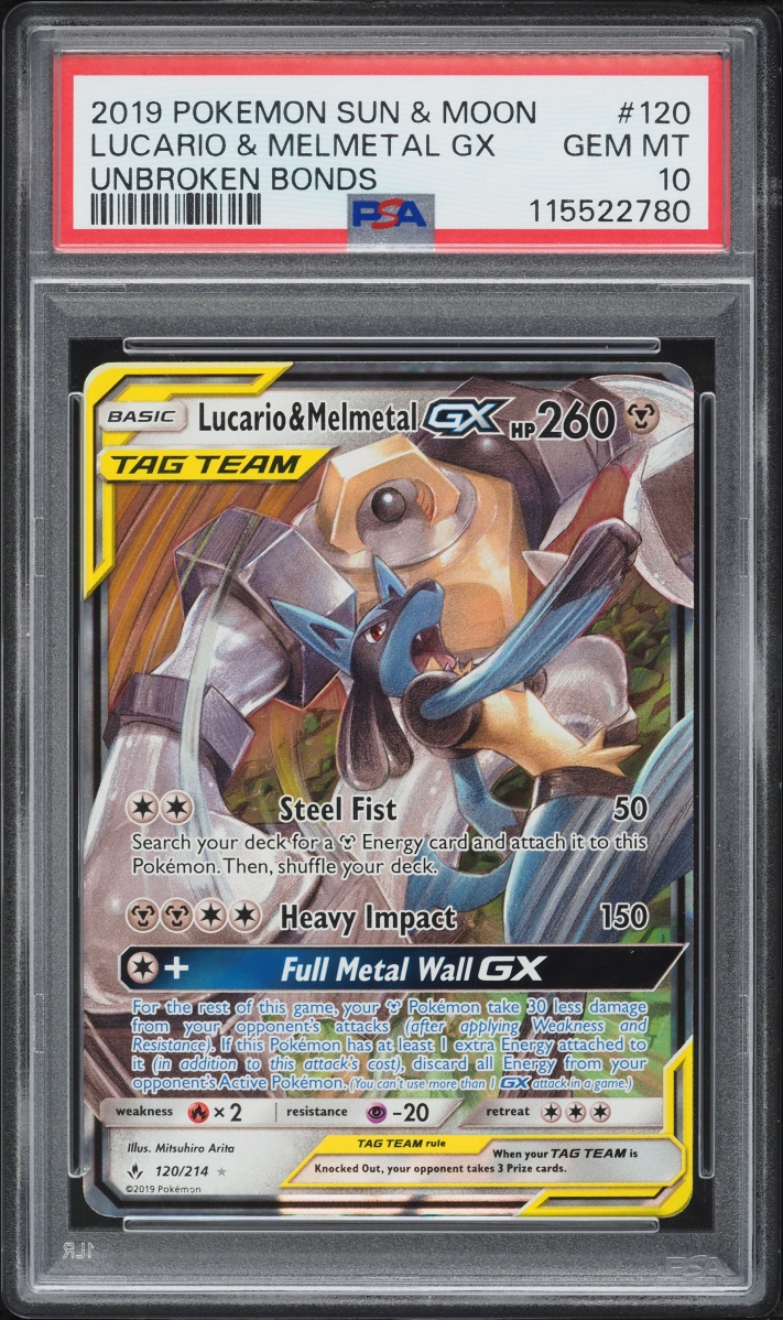 2019 Pokemon Sun & Moon Unbroken Bonds Alt Art Lucario & Melmetal GX #120 PSA 10 GEM MINT