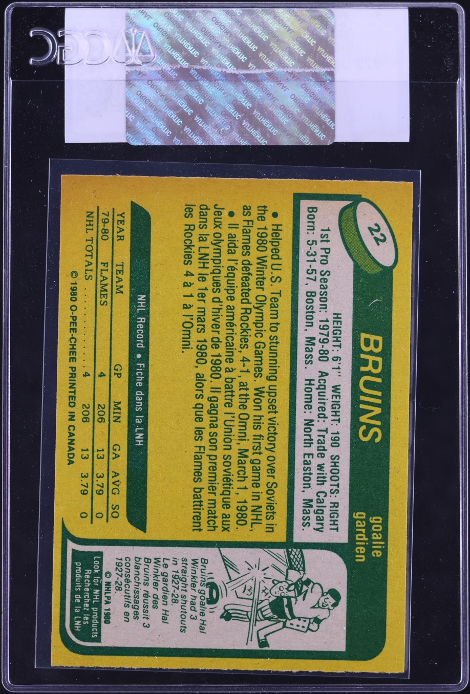1980 O-Pee-Chee Hockey Jim Craig ROOKIE #22 CGC AUTH