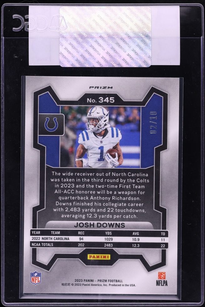 2023 Panini Prizm Gold Josh Downs ROOKIE /10 #345 CGC AUTH - Photo 2