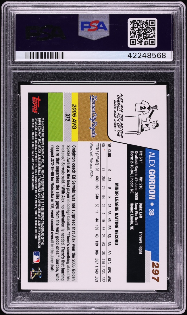 2006 Topps Alex Gordon ROOKIE #297 PSA 9 MINT