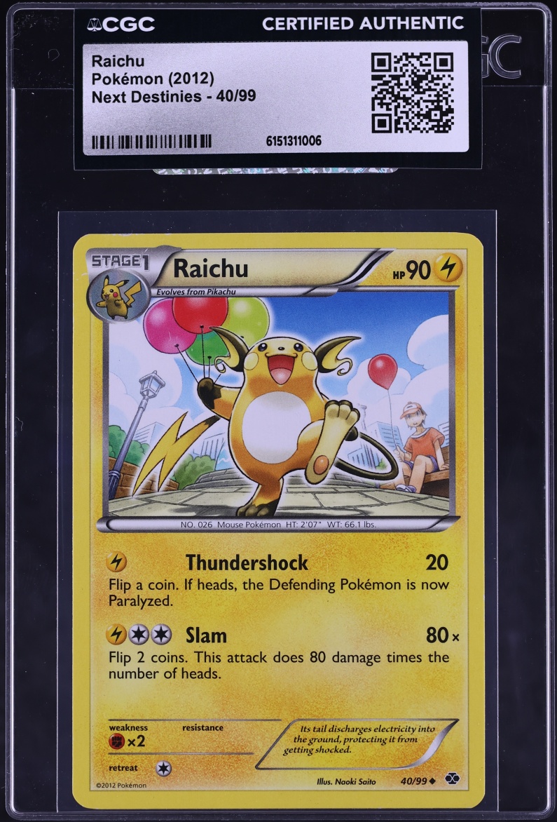 2012 Pokemon Black & White Next Destinies Raichu #40 CGC AUTH