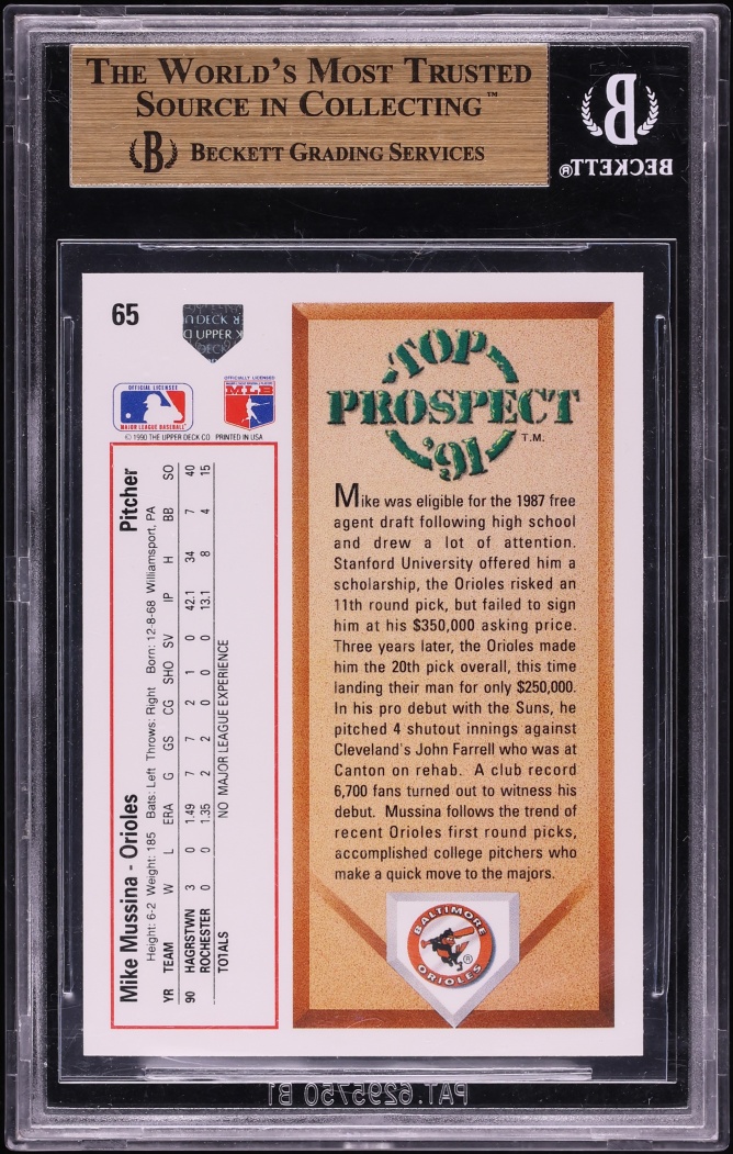 1991 Upper Deck Mike Mussina ROOKIE #65 BGS 9.5 GEM MINT