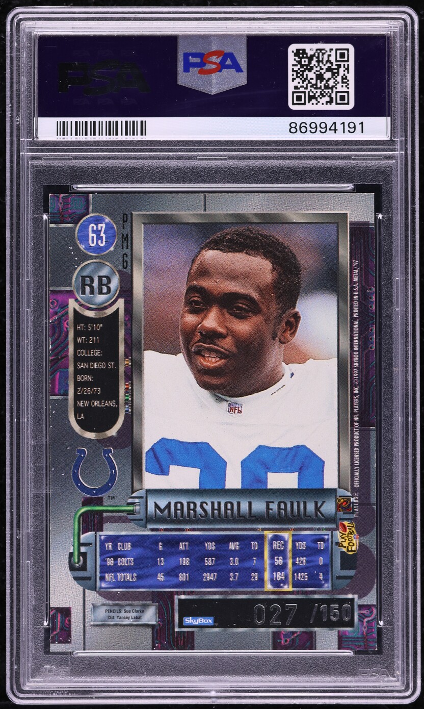 1997 Metal Universe Precious Metal Gems PMG Red Marshall Faulk /150 #63 PSA 6