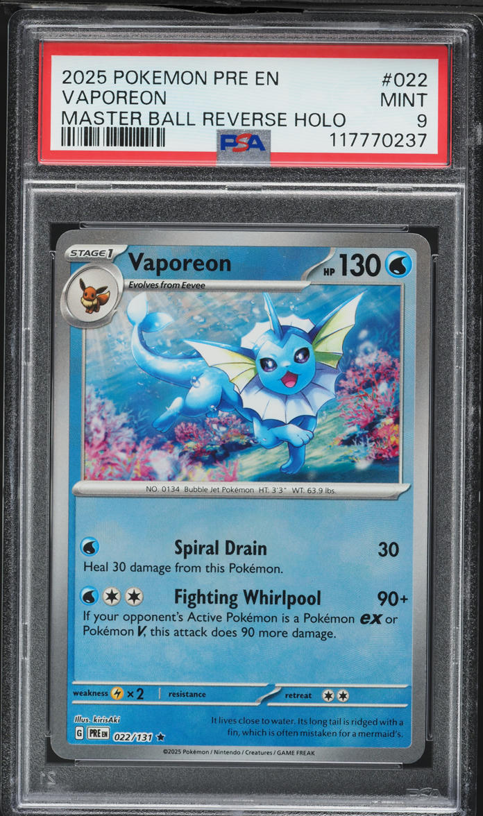 2025 Pokemon Scarlet & Violet Prismatic Evolutions Master Ball Holo Vaporeon #22 PSA 9 MINT