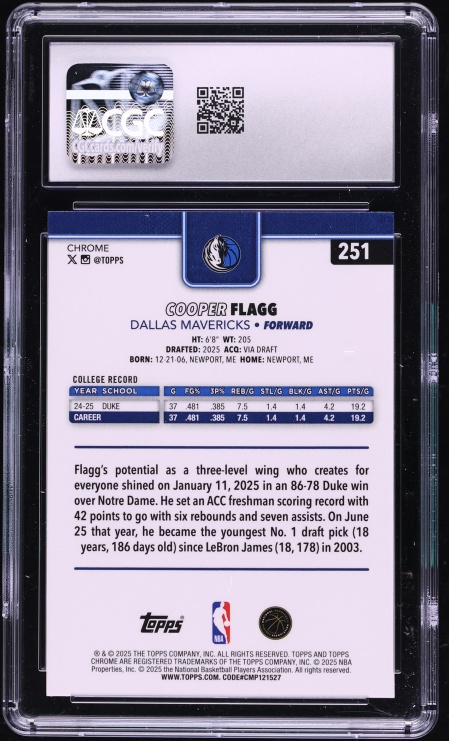 2025 Topps Chrome Cooper Flagg ROOKIE #251 CGC 10 GEM MINT