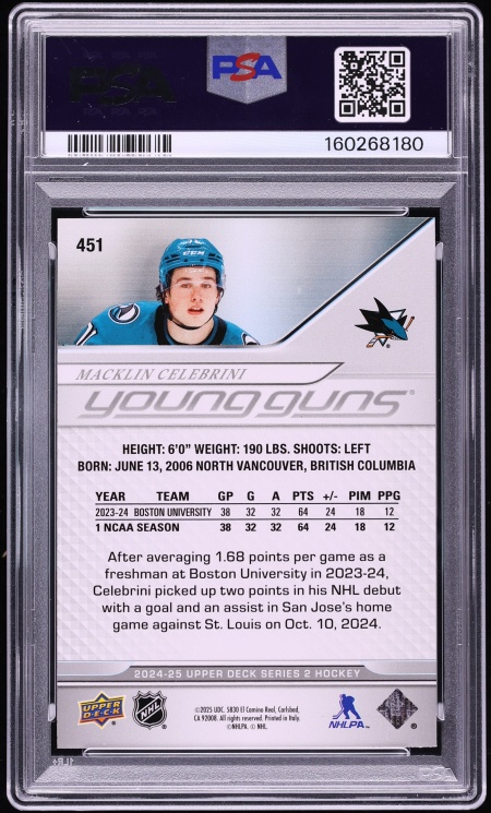 2024 Upper Deck Young Guns Macklin Celebrini ROOKIE #451 PSA 8 NM-MT