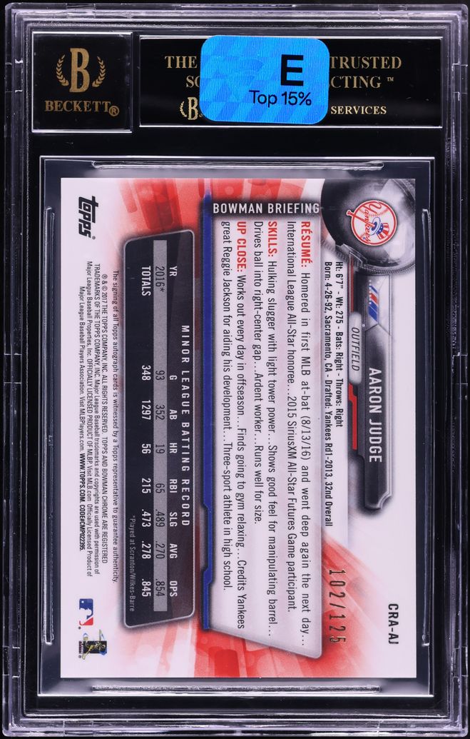 2017 Bowman Chrome Blue Refractor Aaron Judge ROOKIE AUTO /125 #AJ BGS 10 PRISTINE, BLACK LABEL