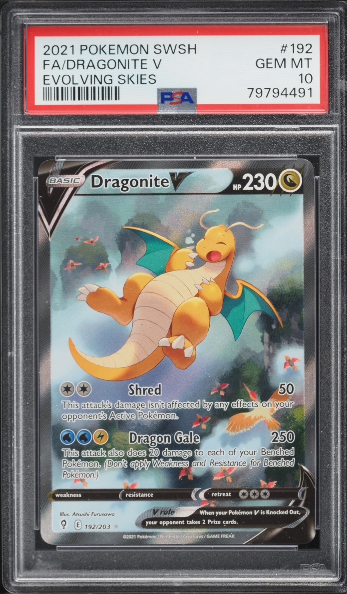 2021 Pokemon Sword & Shield Evolving Skies Full Art Dragonite V #192 PSA 10 GEM MINT