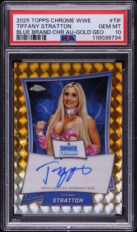 2025 Topps Chrome WWE Blue Brand Gold Geometric Tiffany Stratton AUTO /50 #TIF PSA 10 GEM MINT