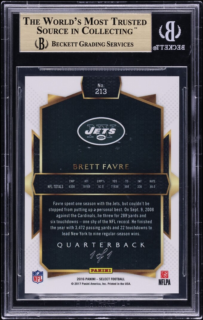 2016 Select Prizm Black Brett Favre 1/1 #213 BGS 9.5 GEM MINT - Photo 2
