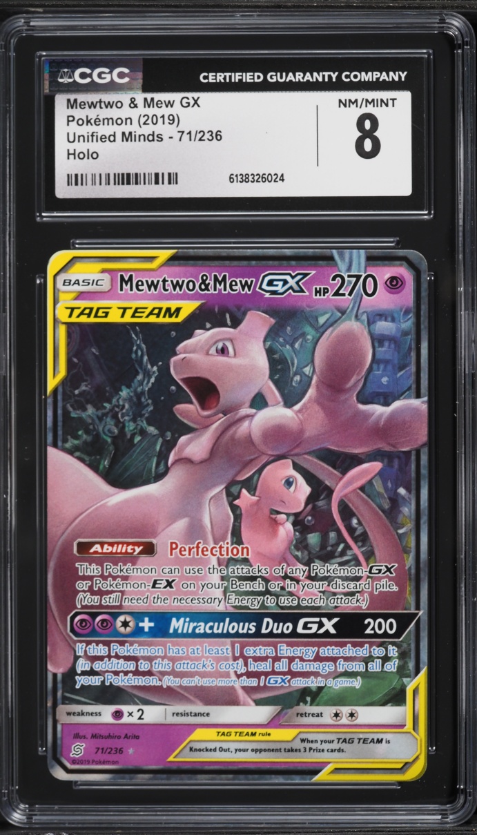 2019 Pokemon Sun & Moon Unified Minds Alt Art Mewtwo & Mew GX #71 CGC 8 NM-MT