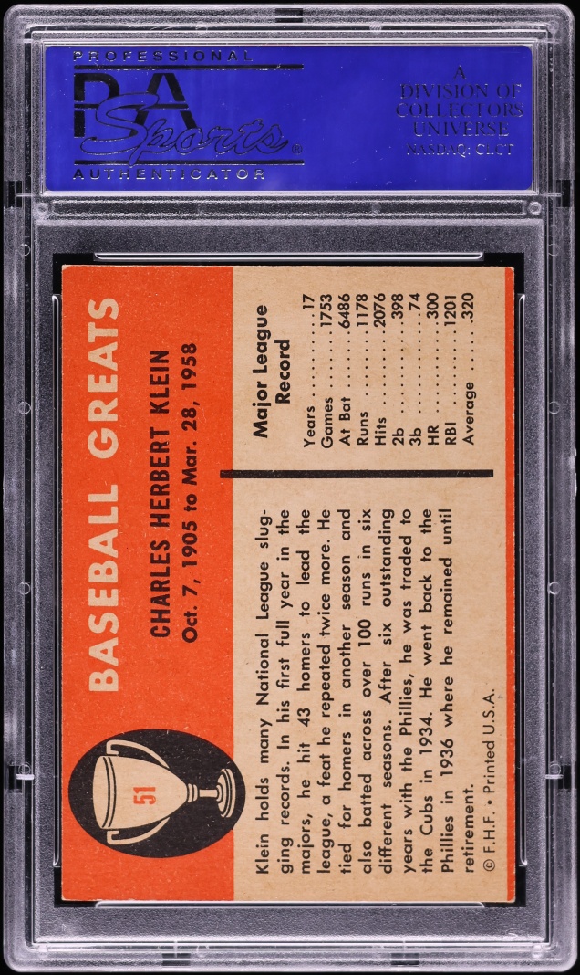 1961 Fleer Chuck Klein #51 PSA 8 NM-MT