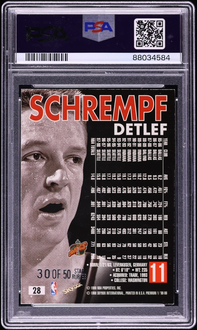 1998 Skybox Premium Star Rubies Detlef Schrempf /50 #28 PSA 7 NRMT