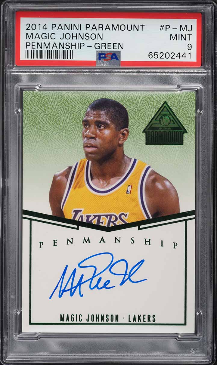 2014 Panini Paramount Penmanship Green Magic Johnson AUTO /5 #P-MJ PSA ...