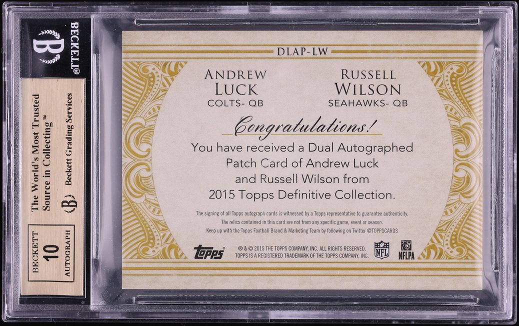 2015 Topps Definitive Collection Andrew Luck Russell Wilson PATCH AUTO /10 BGS 10 PRISTINE