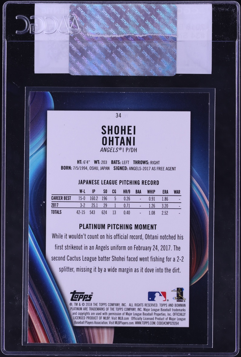 2018 Bowman Platinum Shohei Ohtani ROOKIE #34 CGC AUTH