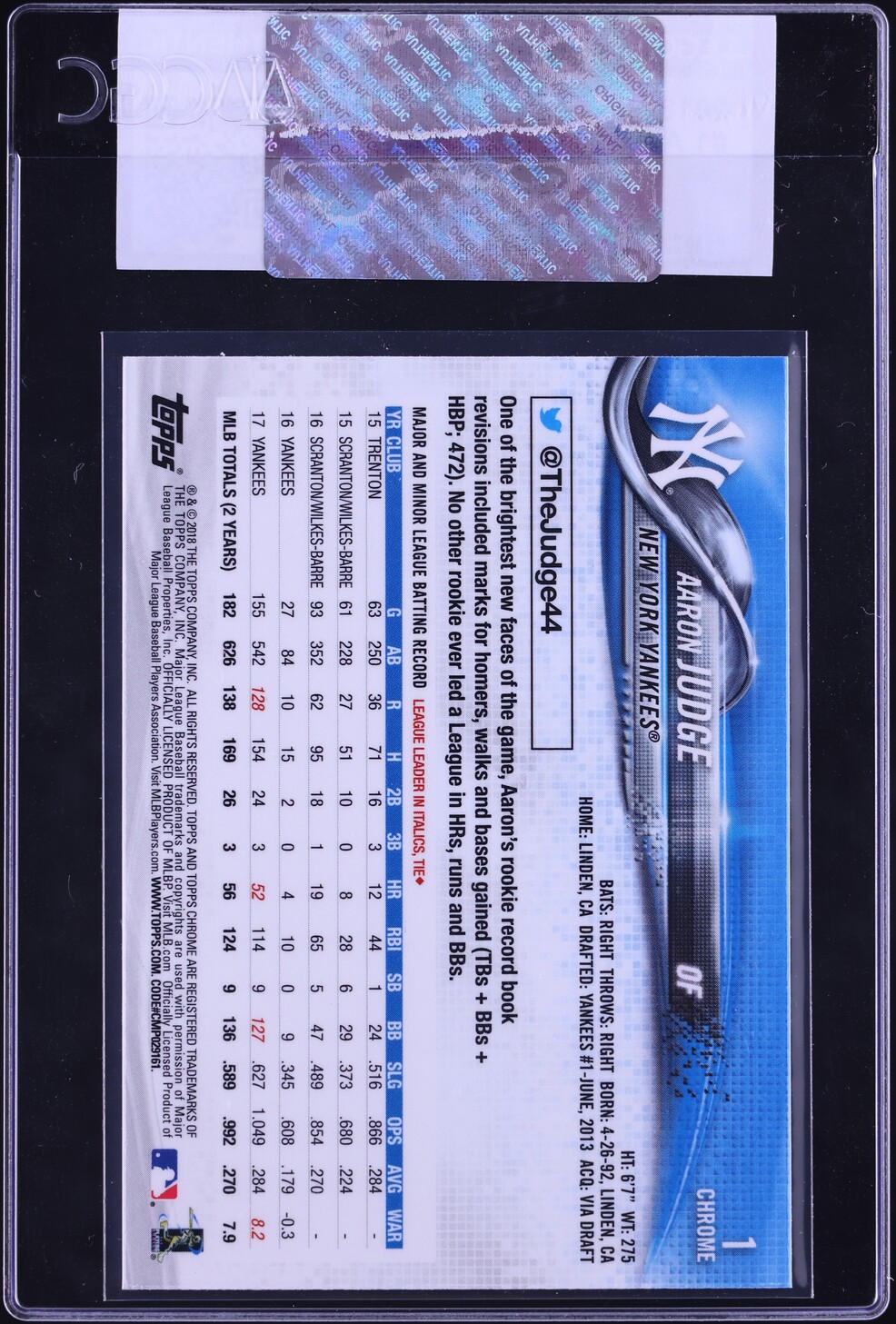 2018 Topps Chrome Aaron Judge #1 CGC AUTH