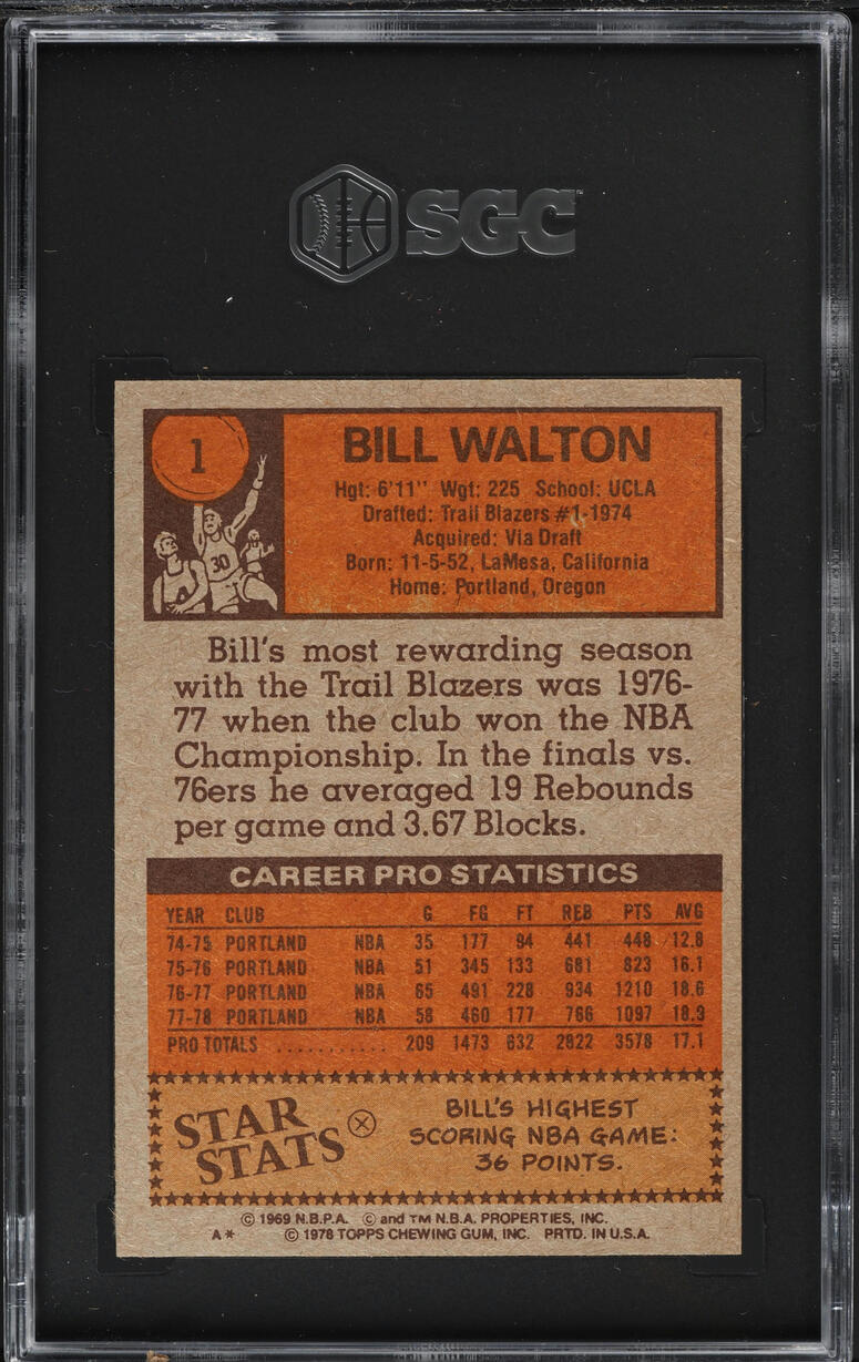 1978 Topps Basketball Bill Walton #1 SGC 8 NM-MT