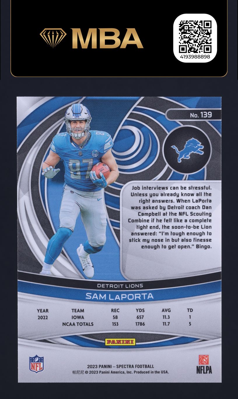 2023 Panini Spectra Sam LaPorta ROOKIE #139 MBA AUTH