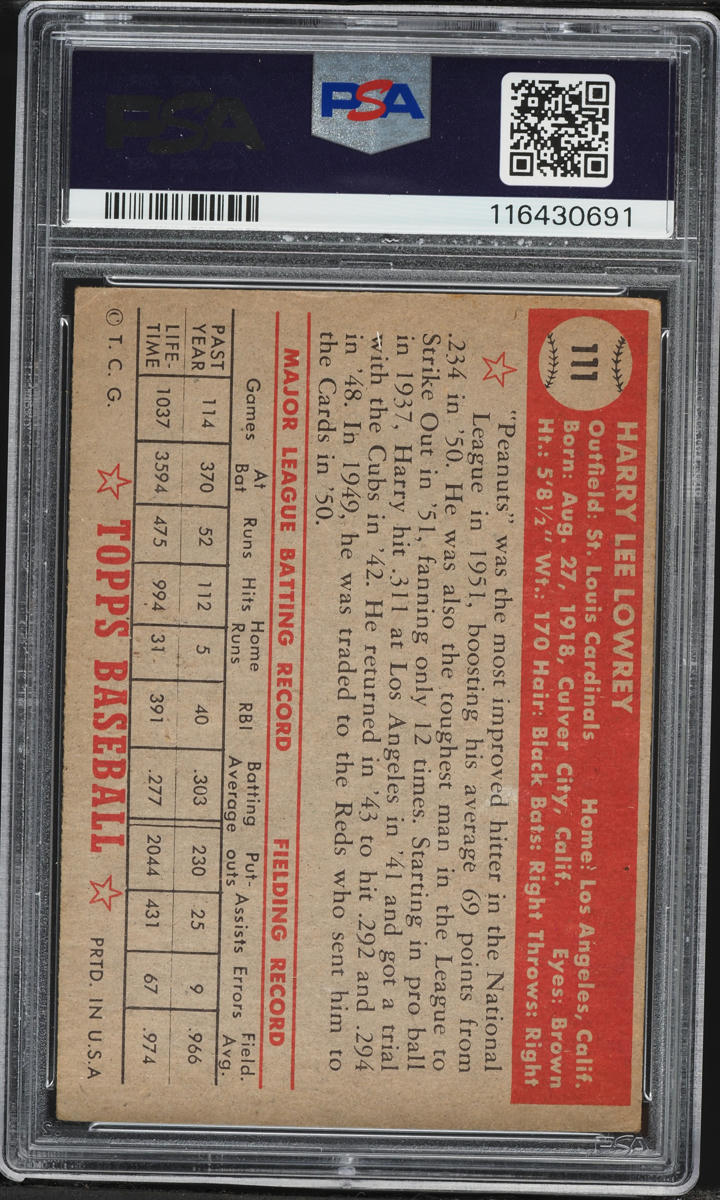 1952 Topps Harry Lowrey #111 PSA 3 VG