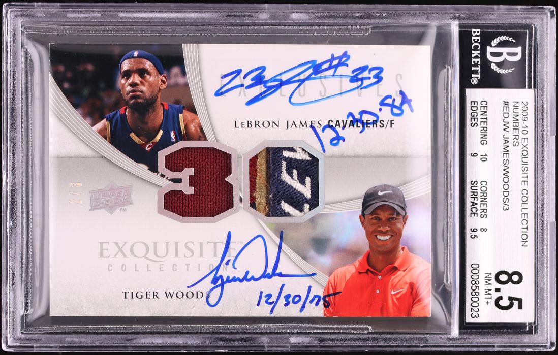 2009 Exquisite Dual Numbers LeBron James & Tiger Woods INSCRIBED PATCH AUTO 2/3 #EDJW BGS 8.5