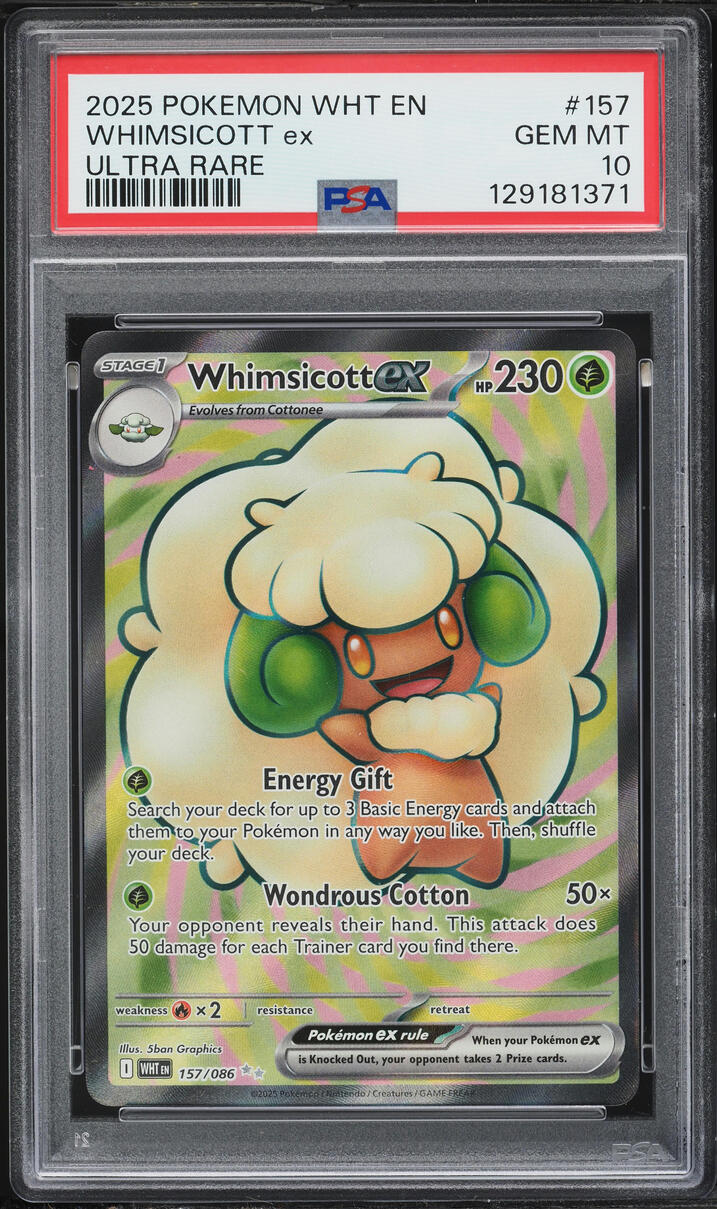 2025 Pokemon Scarlet & Violet White Flare Full Art Whimsicott ex #157 PSA 10 GEM MINT