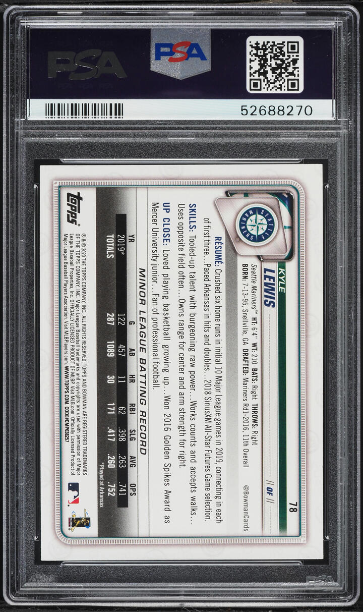 2020 Bowman Kyle Lewis ROOKIE #78 PSA 10 GEM MINT