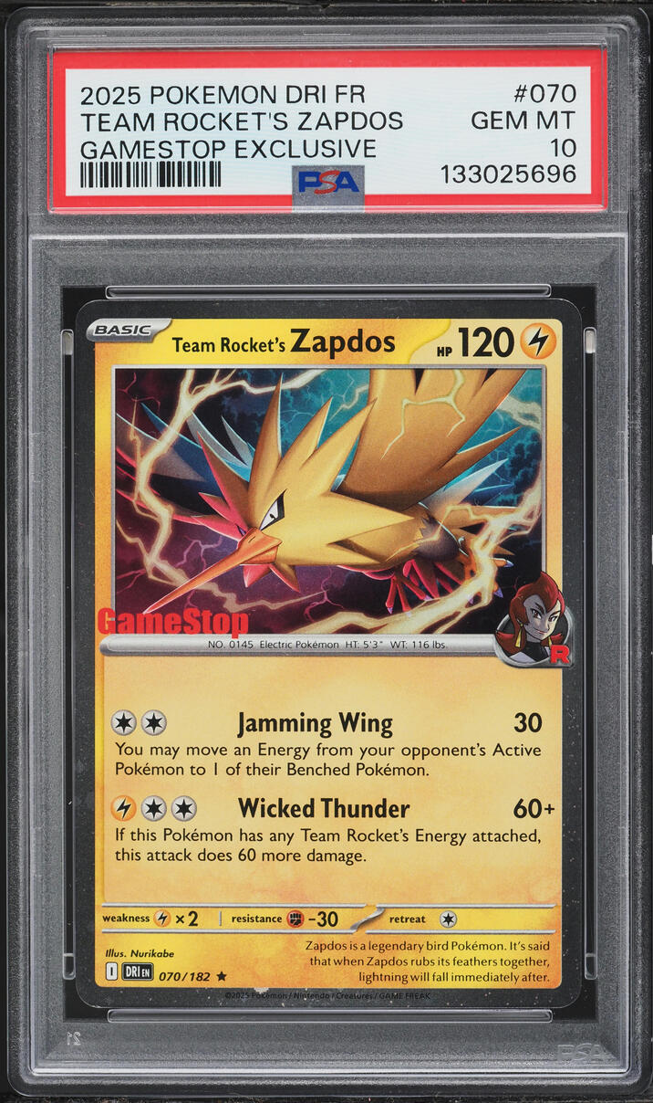 2025 Pokemon SV Destined Rivals Gamestop Exclusive Team Rocket's Zapdos #070 PSA 10 GEM MINT
