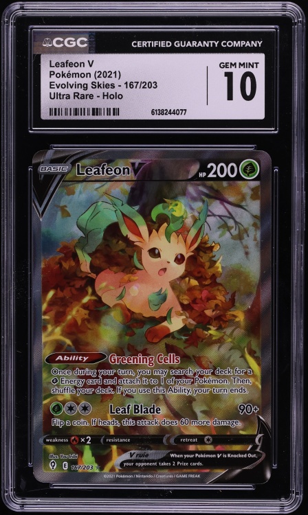 2021 Pokemon Sword & Shield Evolving Skies Full Art Leafeon V #167 CGC 10 GEM MINT