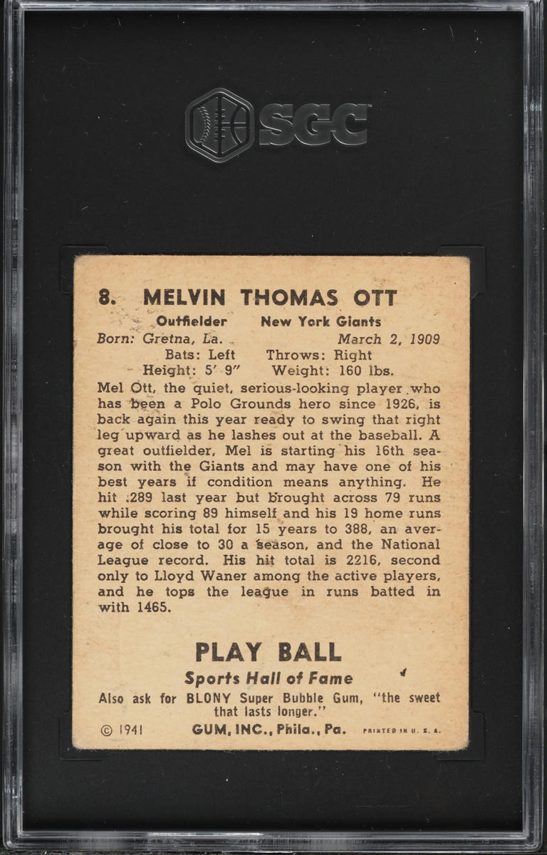 1941 Play Ball Mel Ott #8 SGC 2 GD