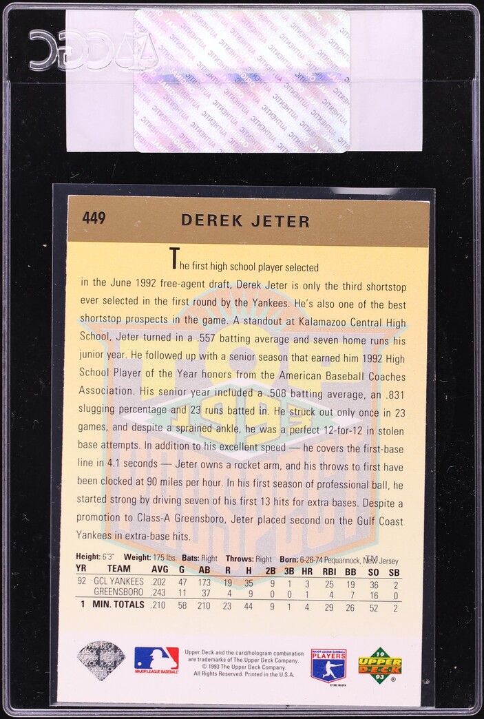1993 Upper Deck Derek Jeter ROOKIE #449 CGC AUTH