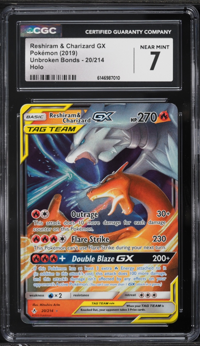 2019 Pokemon Sun & Moon Unbroken Bonds Alt Art Reshiram & Charizard GX #20 CGC 7 NRMT