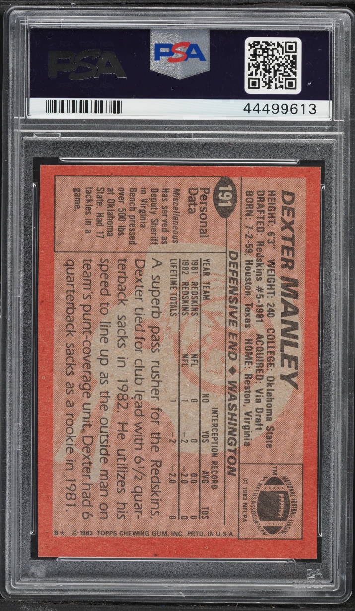 1983 Topps Football Dexter Manley ROOKIE #191 PSA 9 MINT