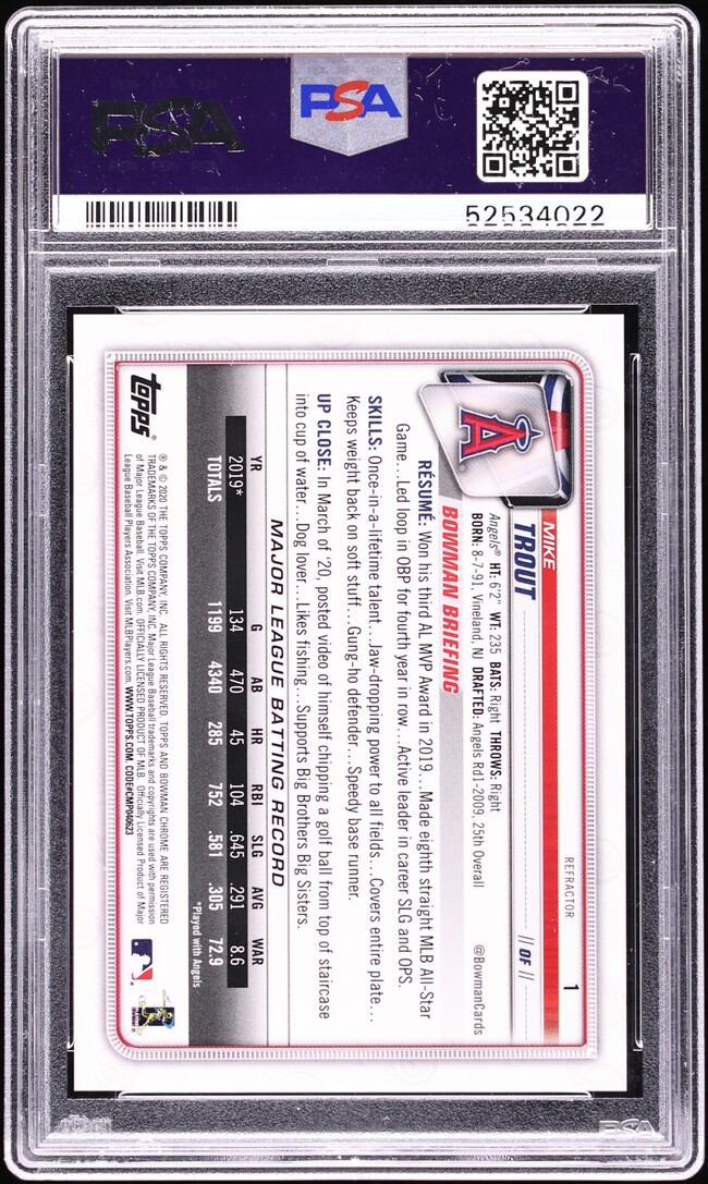 2020 Bowman Chrome Refractor Mike Trout /499 #1 PSA 9 MINT