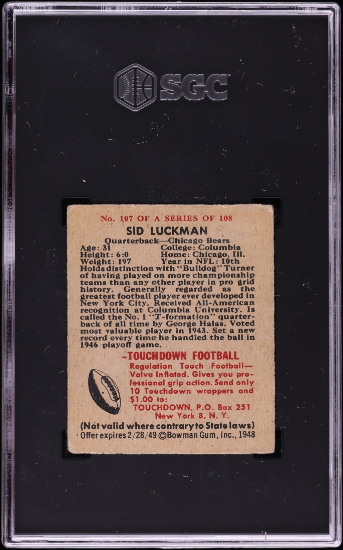 1948 Bowman Football Sid Luckman ROOKIE #107 SGC 2 GD
