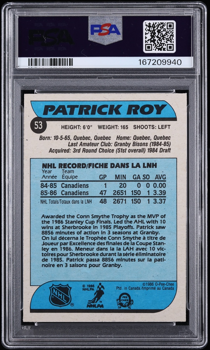 1986 O-Pee-Chee Hockey Patrick Roy ROOKIE #53 PSA 9 MINT - Photo 2