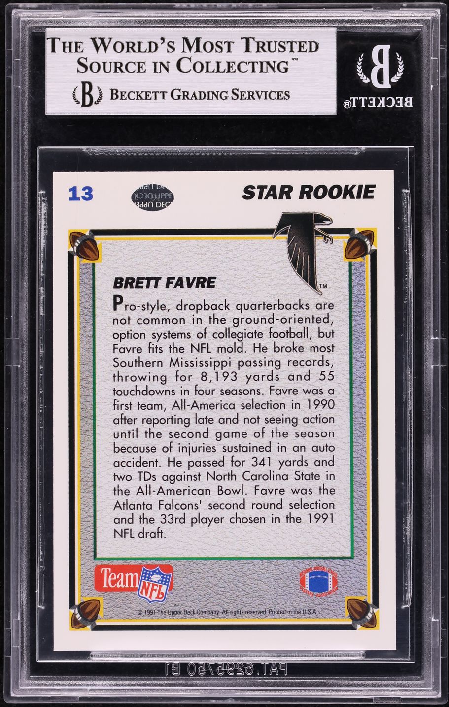1991 Upper Deck Football Brett Favre ROOKIE#13 BGS8.5 NM-MT+