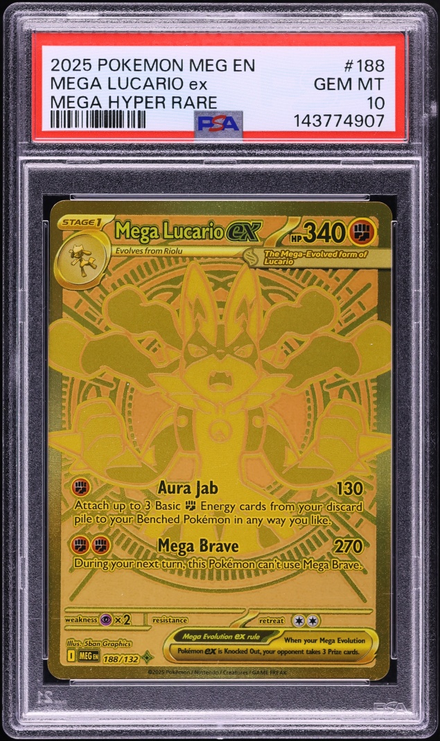 2025 Pokemon Mega Evolution Gold Rare Mega Lucario EX #188 PSA 10 GEM MINT
