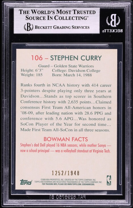 2009 Bowman '48 Blue Stephen Curry ROOKIE /1948 #106 BGS 7.5 NRMT+
