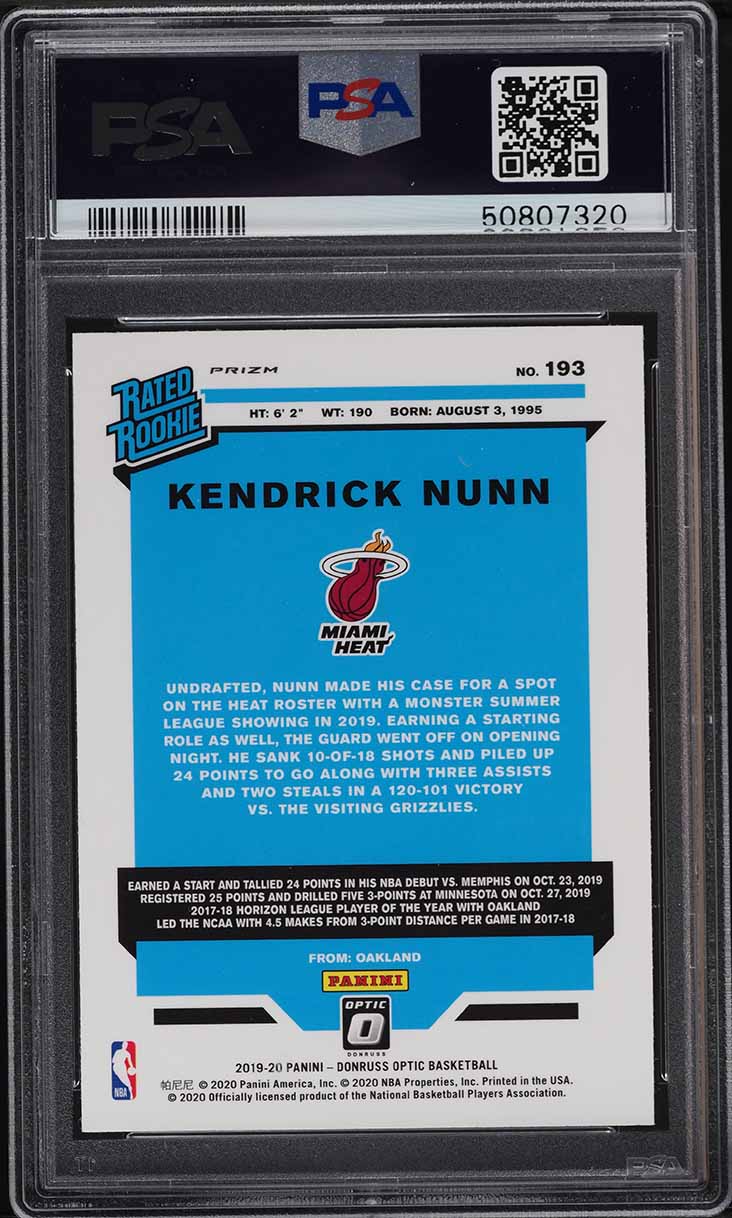 2019 Donruss Optic Holo Kendrick Nunn ROOKIE, NO NAME #193 PSA 10 GEM MINT