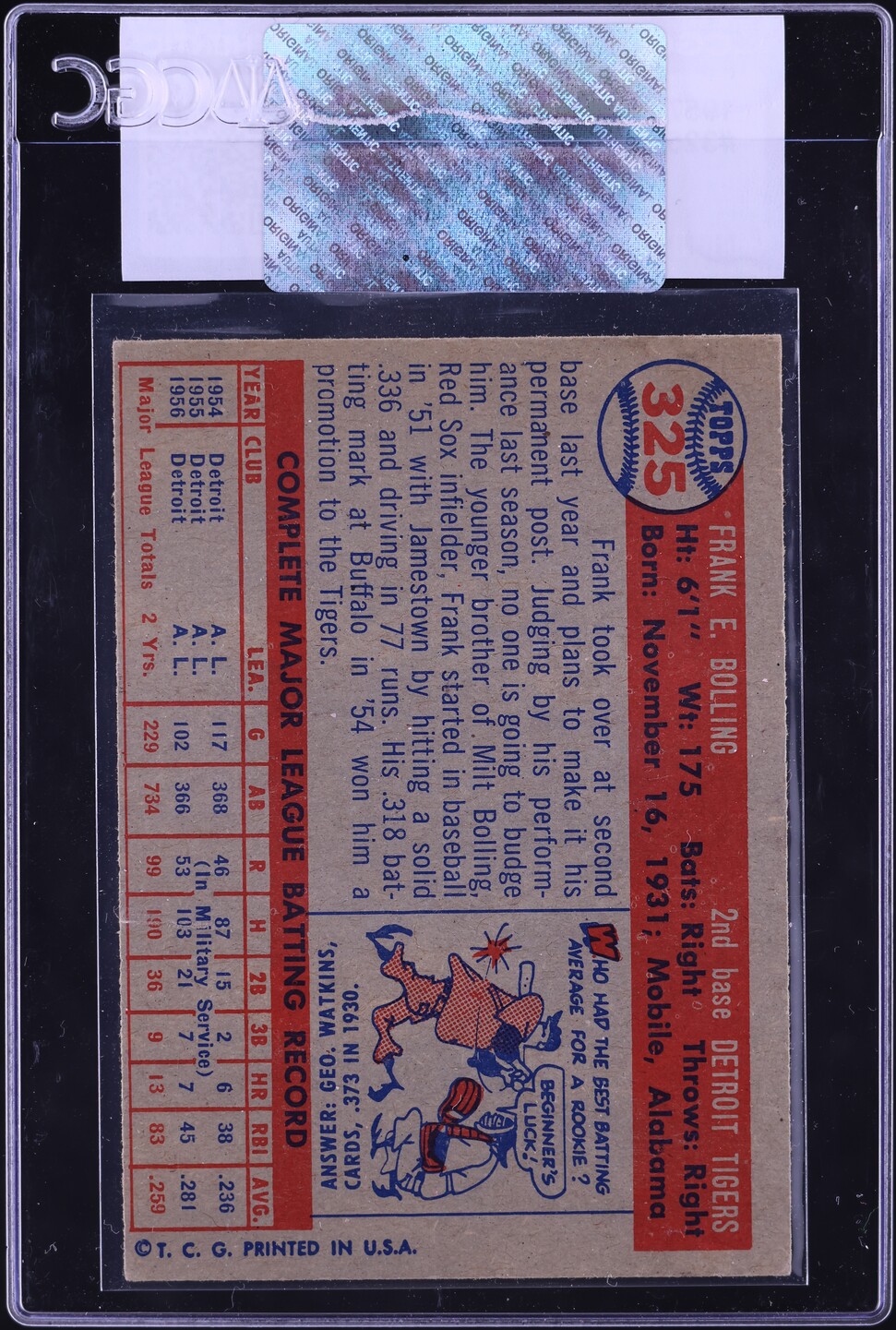 1957 Topps Frank Bolling #325 CGC AUTH