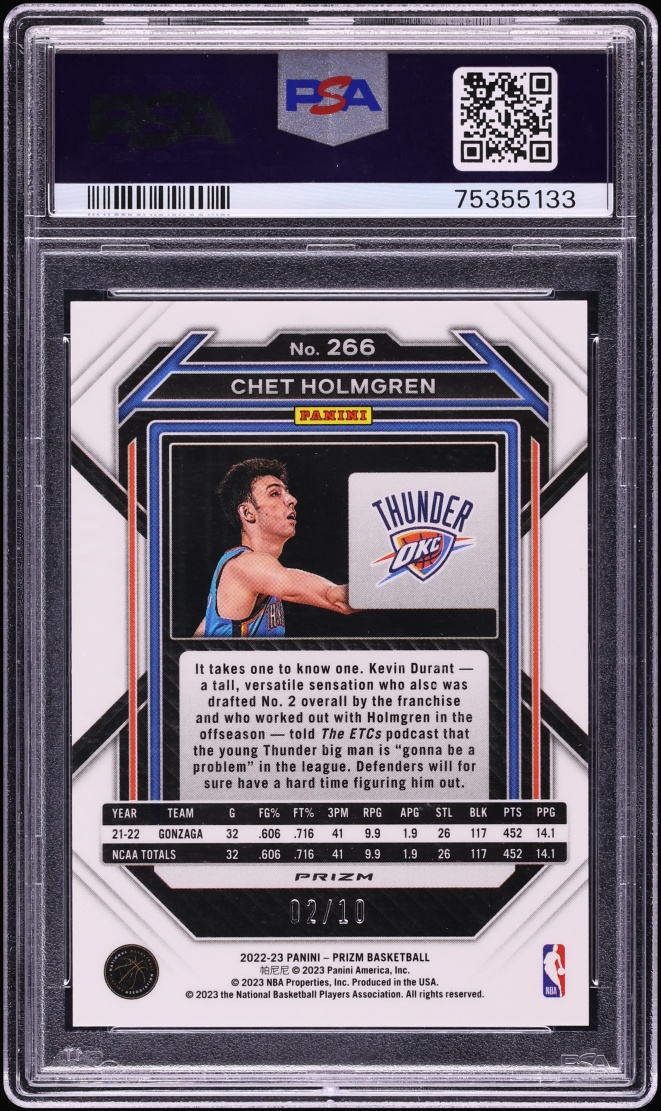 2022 Panini Prizm Gold Chet Holmgren ROOKIE /10 #266 PSA 10 GEM MINT
