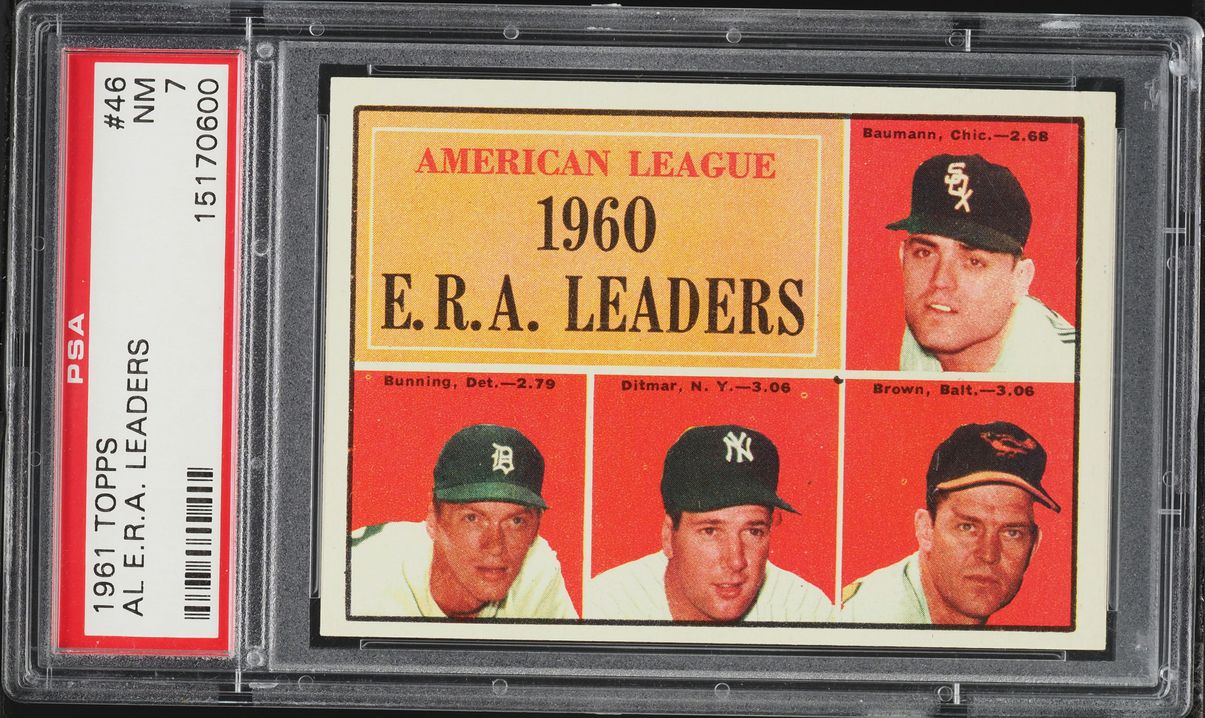 1961 Topps Jim Bunning & Bauman Ditmar AL ERA LEADERS #46 PSA 7 NRMT