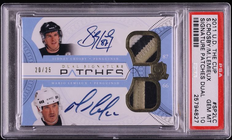 2011 Upper Deck The Cup Mario Lemieux Sidney Crosby PATCH AUTO /25 #SP2-LC PSA 10 GEM MINT
