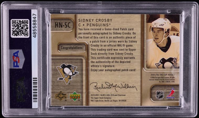 2005 UD The Cup Honorable Numbers Sidney Crosby ROOKIE PATCH AUTO /87 #HN-SC PSA 8 NM-MT