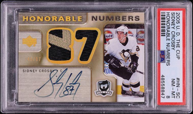 2005 UD The Cup Honorable Numbers Sidney Crosby ROOKIE PATCH AUTO /87 #HN-SC PSA 8 NM-MT