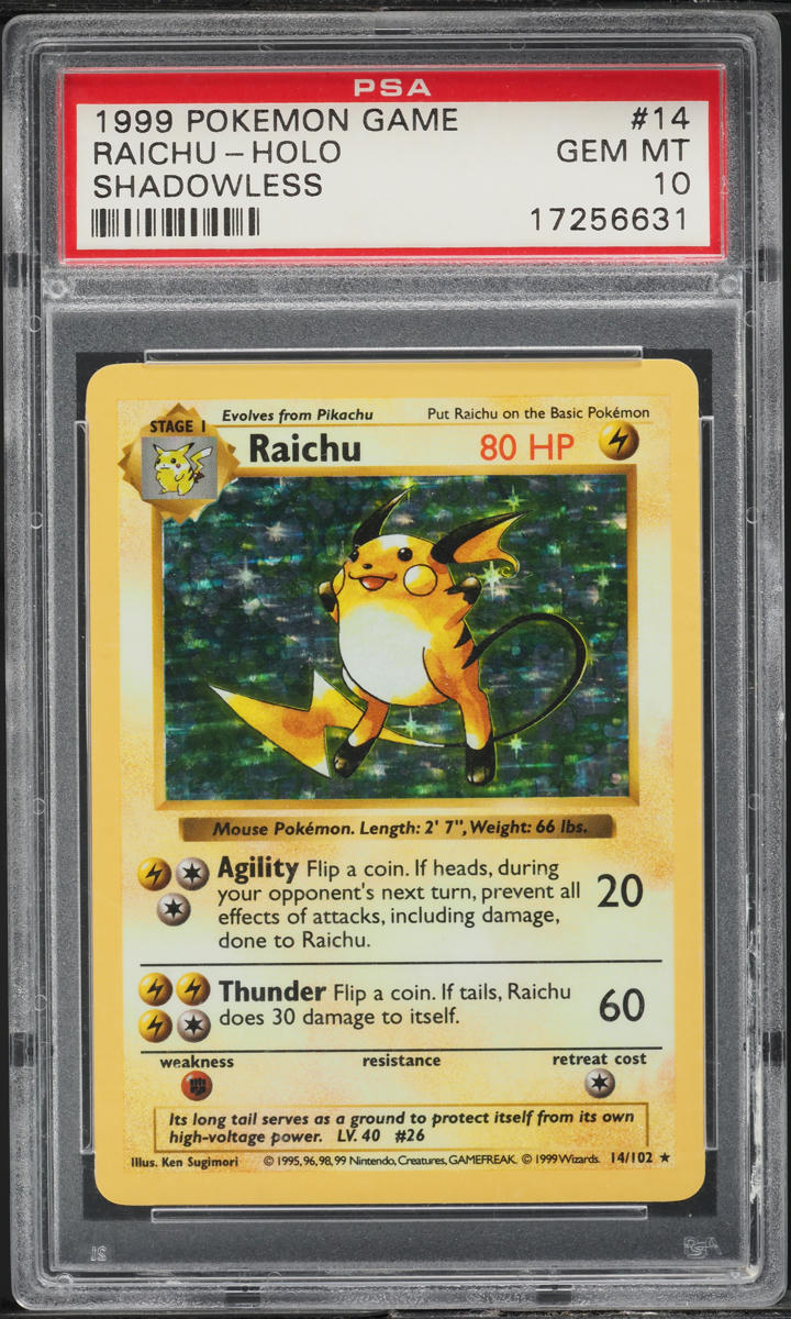 1999 Pokemon Base Set Shadowless Holo Raichu #14 PSA 10 GEM MINT
